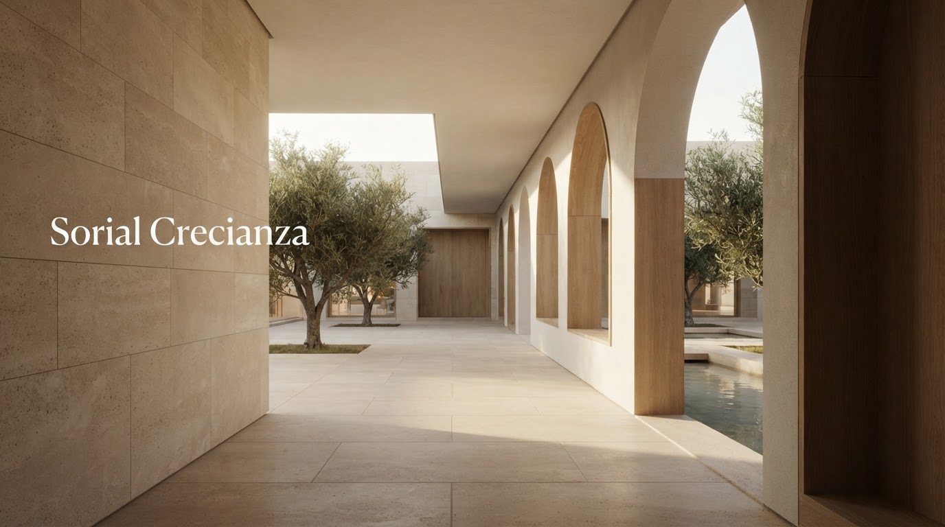 Sorial Crecianza — composición arquitectónica minimalista con visualizaciones de datos